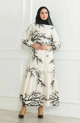 Patterned Belted Linen Dress 0471F-03 Beige Black 0471F-03