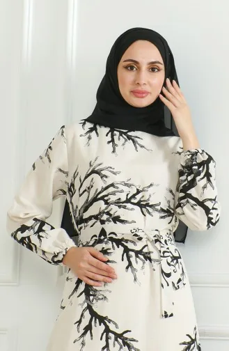 Patterned Belted Linen Dress 0471F-03 Beige Black 0471F-03