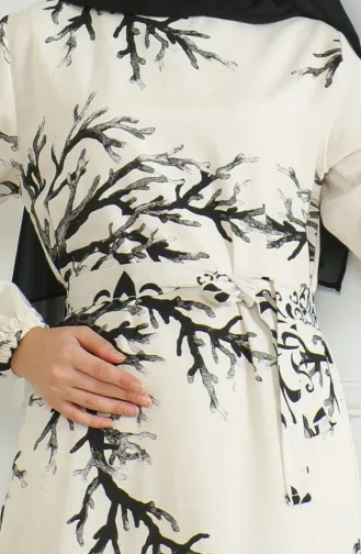 Patterned Belted Linen Dress 0471F-03 Beige Black 0471F-03