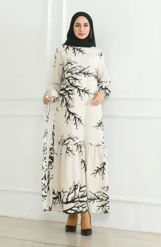 Patterned Belted Linen Dress 0471F-03 Beige Black 0471F-03