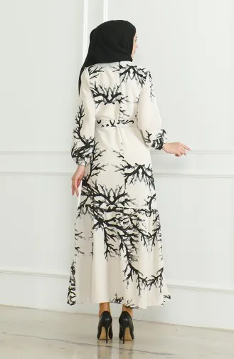 Patterned Belted Linen Dress 0471F-03 Beige Black 0471F-03