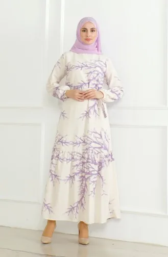 Desenli Kuşaklı Keten Elbise 0471F-04 Bej Lila