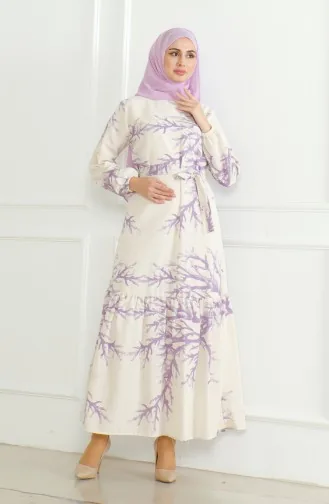 Desenli Kuşaklı Keten Elbise 0471F-04 Bej Lila