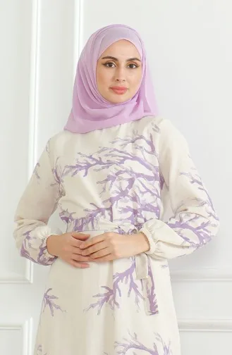 Desenli Kuşaklı Keten Elbise 0471F-04 Bej Lila