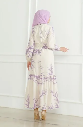 Desenli Kuşaklı Keten Elbise 0471F-04 Bej Lila