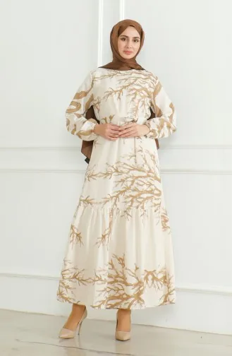 Linnen Jurk Met Patroon En Riem 0471F-05 Beige Melkbruin 0471F-05