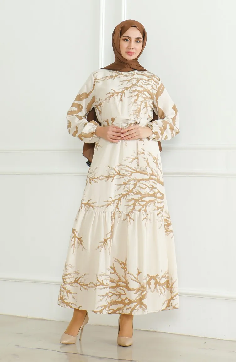 Linnen Jurk Met Patroon En Riem 0471F-05 Beige Melkbruin 0471F-05