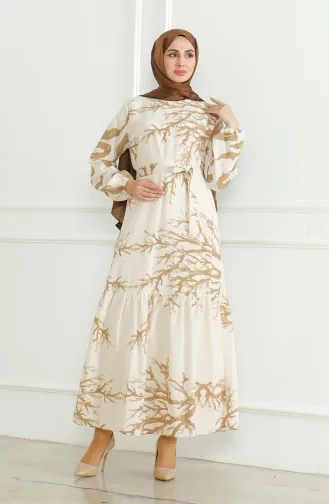 Linnen Jurk Met Patroon En Riem 0471F-05 Beige Melkbruin 0471F-05