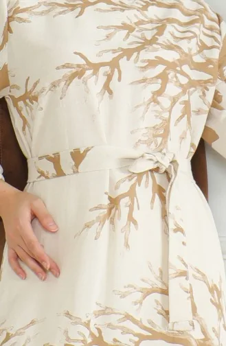 Linnen Jurk Met Patroon En Riem 0471F-05 Beige Melkbruin 0471F-05