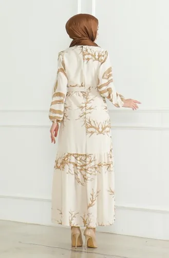 Linnen Jurk Met Patroon En Riem 0471F-05 Beige Melkbruin 0471F-05