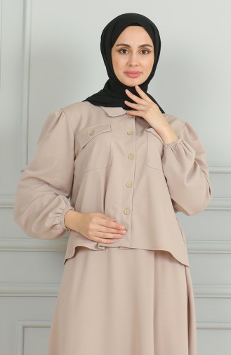 Pocket Buttoned Shirt Skirt Two Piece Suit 3032-02 Mink 3032-02