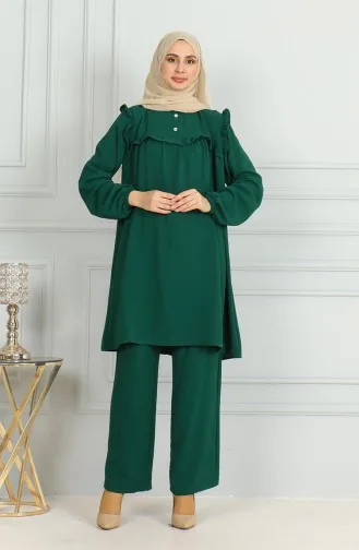 بدلة مزدوجة مكونة من تونيك وبنطال قماش ايروبين 1009-01 لون أخضر زمردي 1009-01