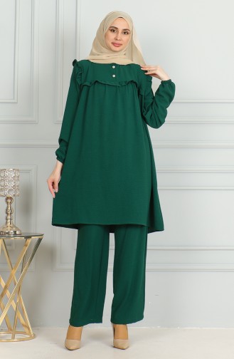 Ensemble Double Pantalon Tunique à Volants En Tissu Aerobin 1009-01 Vert Emeraude 1009-01