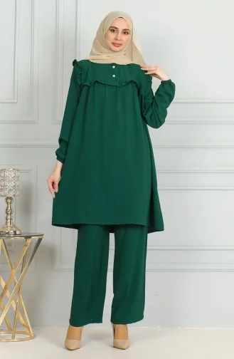 بدلة مزدوجة مكونة من تونيك وبنطال قماش ايروبين 1009-01 لون أخضر زمردي 1009-01