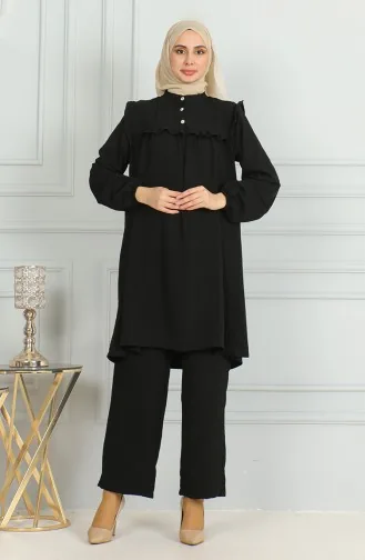 Aerobin Kumaş Fırfırlı Tunik Pantolon İkili Takım 1009-03 Siyah