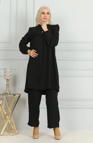 Aerobin Kumaş Fırfırlı Tunik Pantolon İkili Takım 1009-03 Siyah