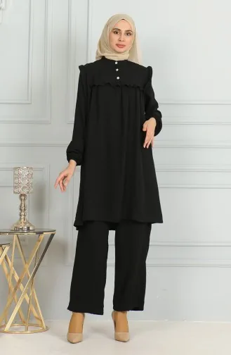 Aerobin Kumaş Fırfırlı Tunik Pantolon İkili Takım 1009-03 Siyah