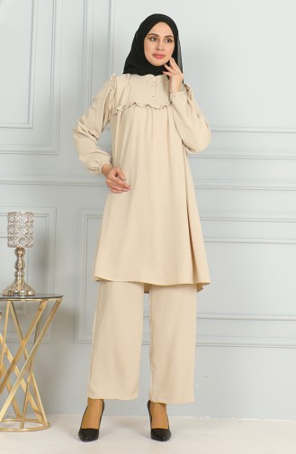 Ensemble Double Pantalon Tunique à Volants En Tissu Aerobin 1009-04 Beige 1009-04