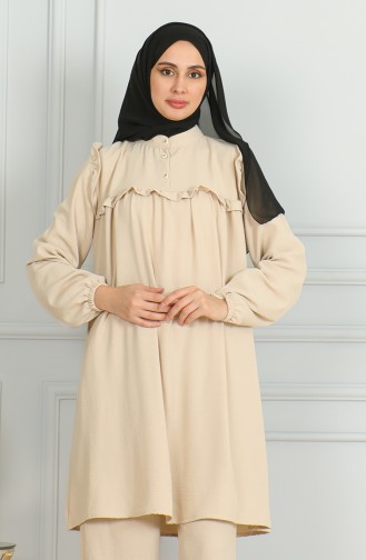 Ensemble Double Pantalon Tunique à Volants En Tissu Aerobin 1009-04 Beige 1009-04