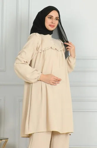 Ensemble Double Pantalon Tunique à Volants En Tissu Aerobin 1009-04 Beige 1009-04