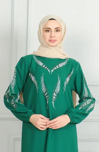 Elastic Sleeve Stone Evening Dress 0497-01 Emerald Green 0497-01