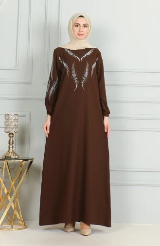 Kolu Lastikli Taşlı Abiye Elbise 0497-03 Kahverengi