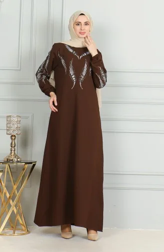 Kolu Lastikli Taşlı Abiye Elbise 0497-03 Kahverengi