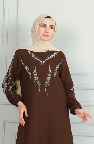Kolu Lastikli Taşlı Abiye Elbise 0497-03 Kahverengi