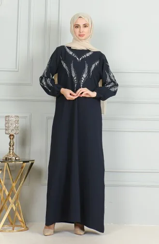 Stoned Abendkleid Mit Elastischen Ärmeln 0497-04 Marineblau 0497-04