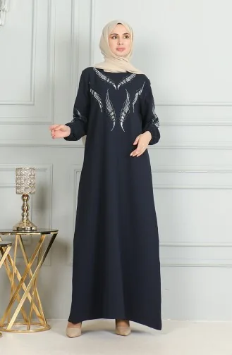 Stoned Abendkleid Mit Elastischen Ärmeln 0497-04 Marineblau 0497-04