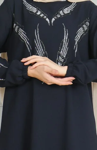 Stoned Abendkleid Mit Elastischen Ärmeln 0497-04 Marineblau 0497-04