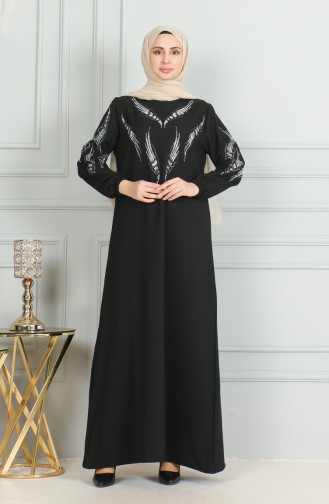 Robe De Soirée Stoned Avec Manches Elastiques 0497-05 Noir 0497-05