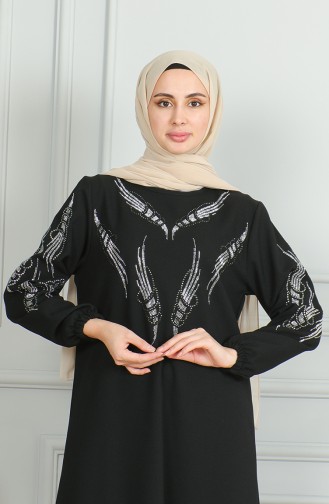 Robe De Soirée Stoned Avec Manches Elastiques 0497-05 Noir 0497-05