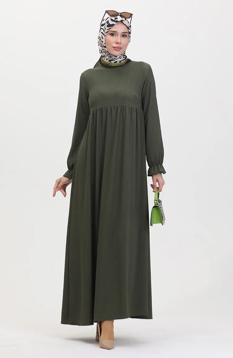 Gerafftes Kleid Mit Rüschenärmeln 1011-02 Khaki 1011-02