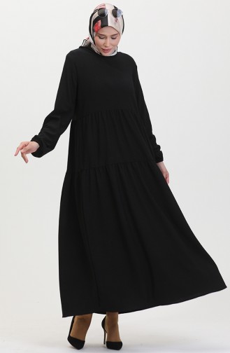Bürümcük Kumaş Büzgülü Elbise 1048-01 Siyah