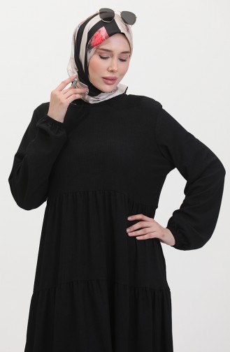 Bürümcük Kumaş Büzgülü Elbise 1048-01 Siyah