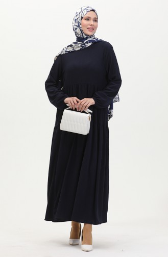 Bürümcük Kumaş Büzgülü Elbise 1048-02 Lacivert
