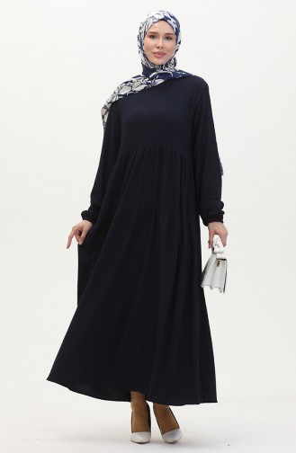 Bürümcük Kumaş Büzgülü Elbise 1048-02 Lacivert