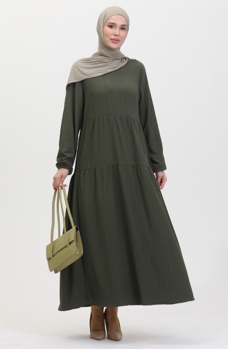 Bürümcük Kumaş Büzgülü Elbise 1048-03 Haki