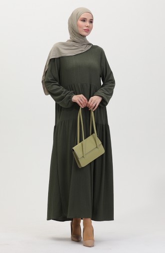 Bürümcük Kumaş Büzgülü Elbise 1048-03 Haki
