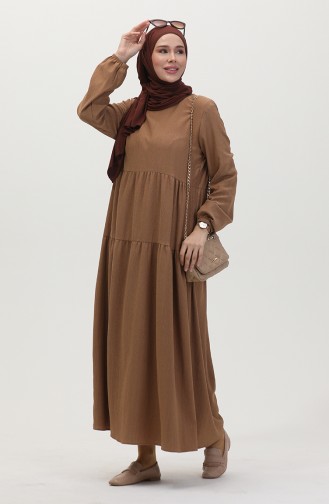 Bürümcük Kumaş Büzgülü Elbise 1048-04 Vizon
