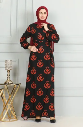 Desenli Kuşaklı Viskon Elbise 0491-02 Siyah Kiremit