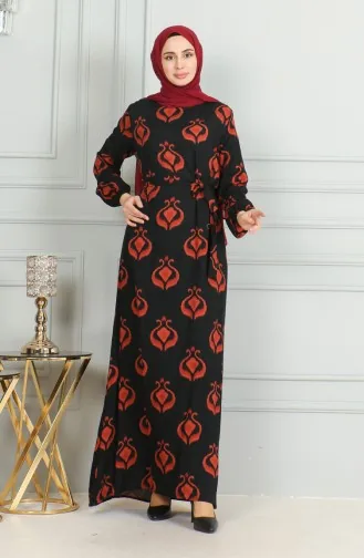 Desenli Kuşaklı Viskon Elbise 0491-02 Siyah Kiremit