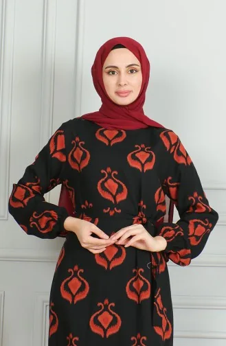 Desenli Kuşaklı Viskon Elbise 0491-02 Siyah Kiremit