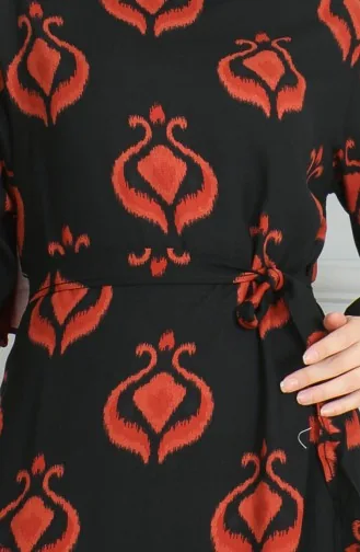 Desenli Kuşaklı Viskon Elbise 0491-02 Siyah Kiremit