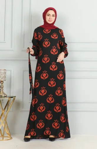 Desenli Kuşaklı Viskon Elbise 0491-02 Siyah Kiremit