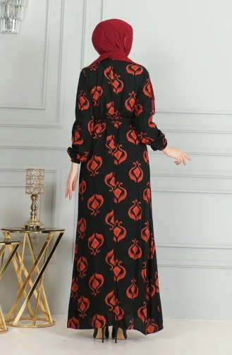 Desenli Kuşaklı Viskon Elbise 0491-02 Siyah Kiremit
