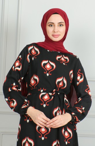 Desenli Kuşaklı Viskon Elbise 0491-03 Siyah Bej