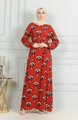 Desenli Kuşaklı Viskon Elbise 0491-04 Kiremit Siyah