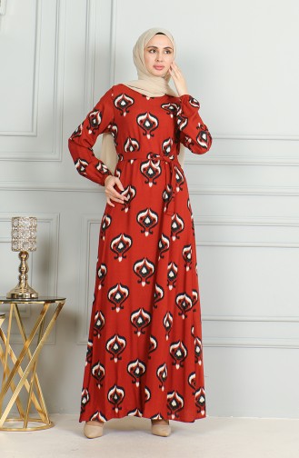 Robe Viscose A Motifs Et Ceinturée 0491-04 Noir Brique 0491-04